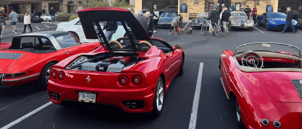 Ferrari on display at Alpio’s Cars and Coffee North Scottsdale surrounded by fellow enthusiasts and classic vehicles.